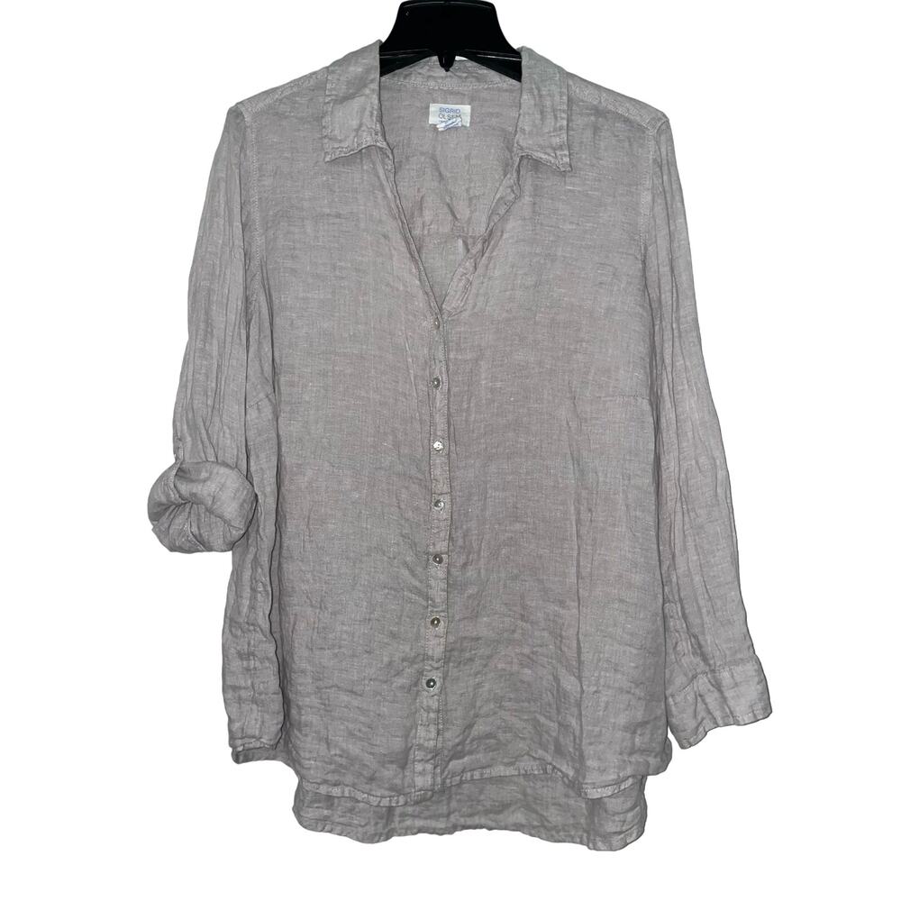 Sigrid Olsen plus size 1X Linen Collared Button Up Roll Tab Sleeve Popover Top